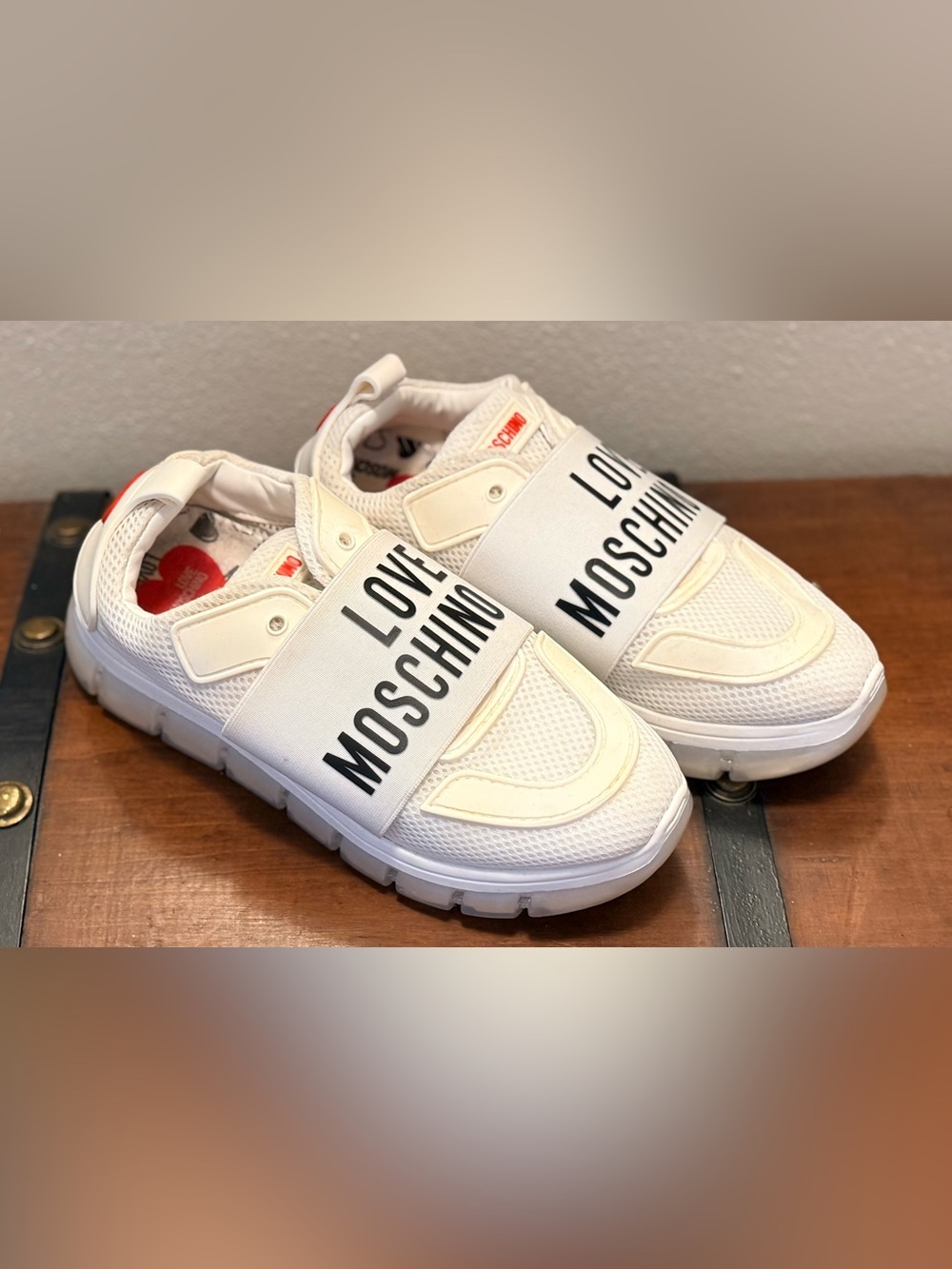 Love Moschino Cream White Logo Strap Sneakers